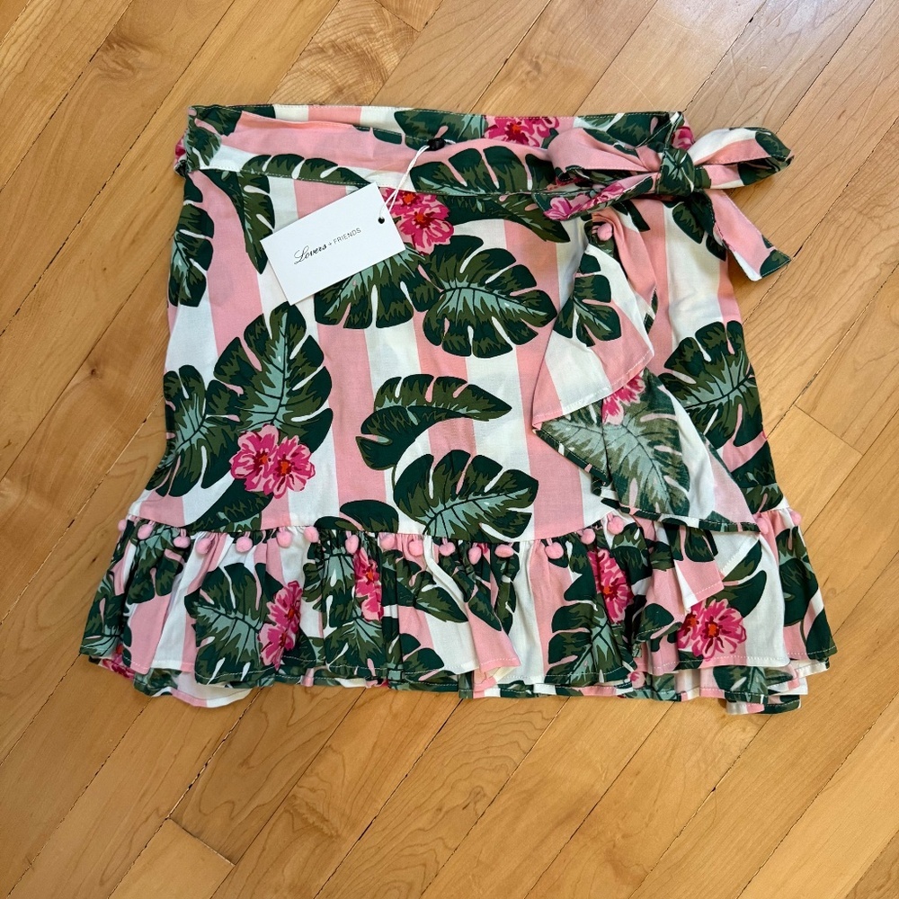 NWT Lovers & Friends Tropical Pink Stripe Palm Wrap Mini Alicia Skirt XS Retro - Picture 3 of 7